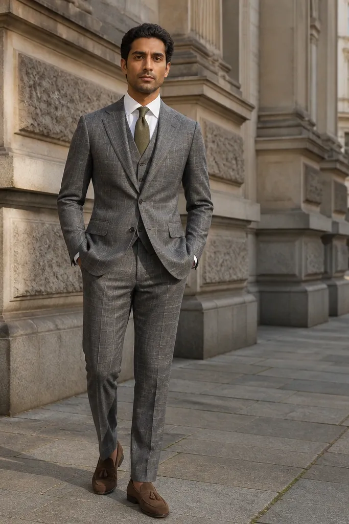 Medium grey three-piece suit with olive tie and brown suede loafers