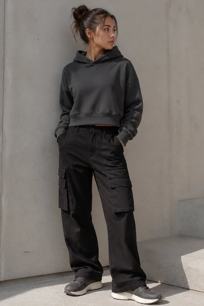 A charcoal gray hoodie with a slightly cropped hem paired with black cargo pants. The sneakers are charcoal with white midsoles, and the outfit looks monochrome with pocket details visible.