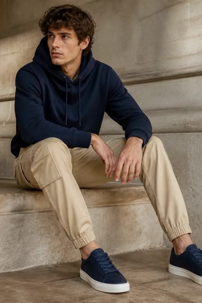 A deep navy hoodie paired with light tan cargo pants. The sneakers are navy with clean white soles, and the outfit has a crisp contrast between dark top and warm bottoms.