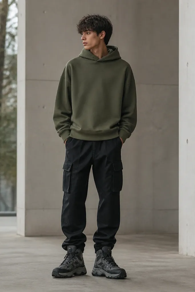 An olive green hoodie layered with black cargo pants and chunky black-and-gray boots. The hem of the hoodie sits above the cargo waistband, and the boots add weight to the look.