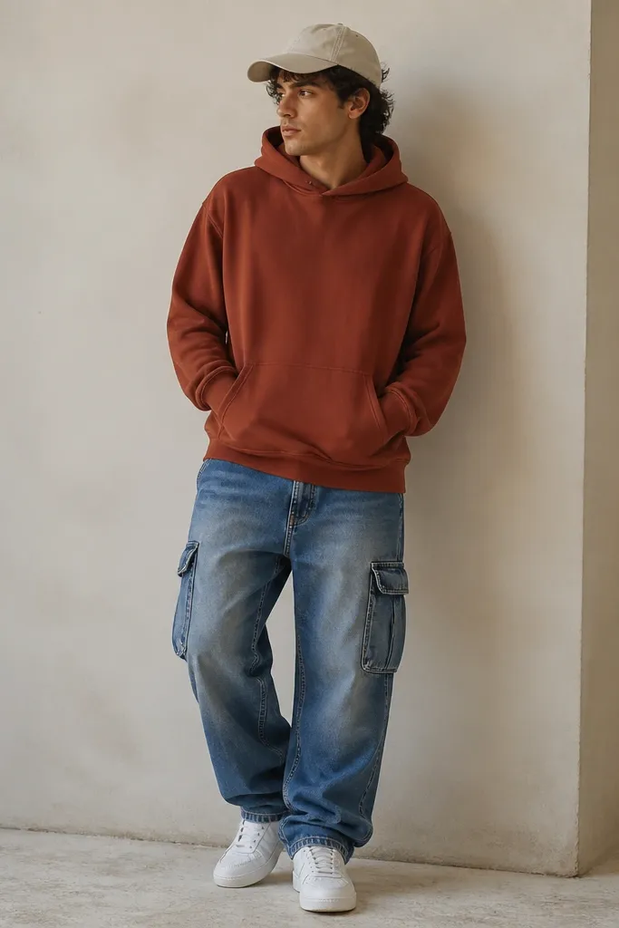 A warm reddish-brown hoodie paired with washed medium-blue cargo pants. White sneakers and a light cap sit on top, and the wash on the cargos shows fading on the thighs.
