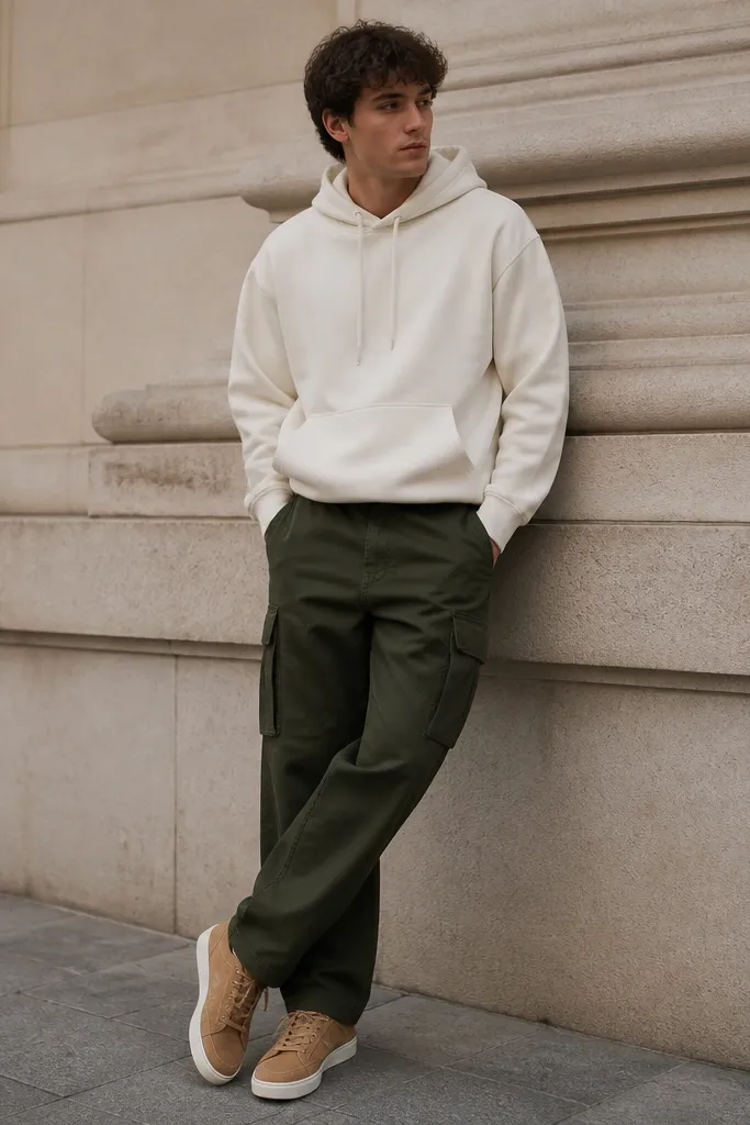 A cream hoodie paired with dark green cargo pants. Tan suede-style sneakers show texture, and the outfit looks bright on top with deep green bottoms.