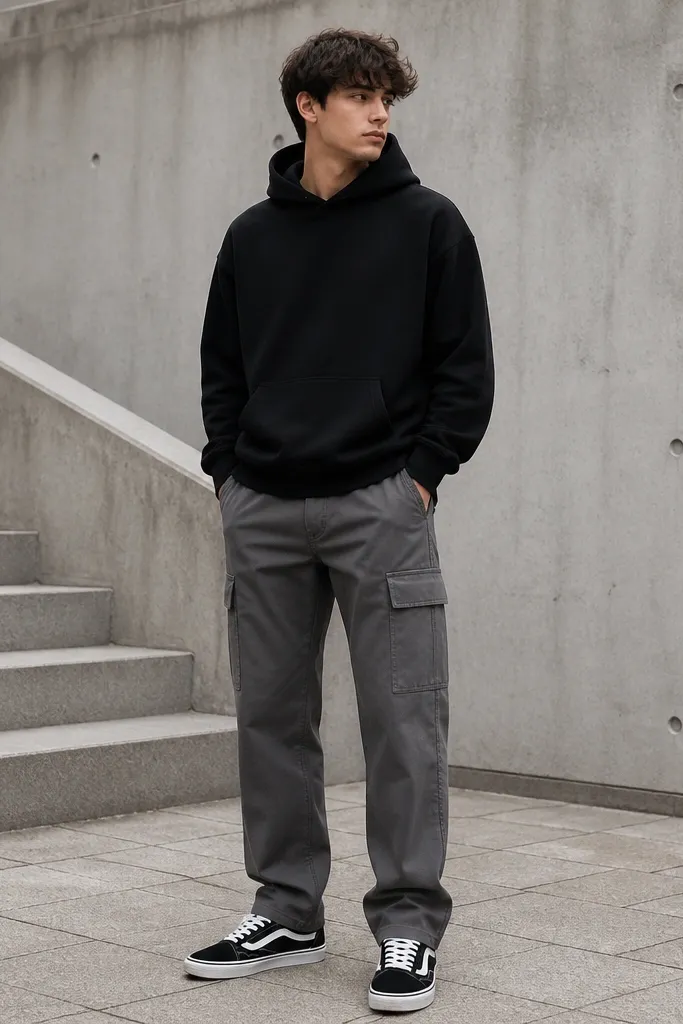 A black hoodie worn with medium-gray cargo pants. Black-and-white trainers are visible, and the cargo pockets sit flat with a relaxed straight-leg shape.