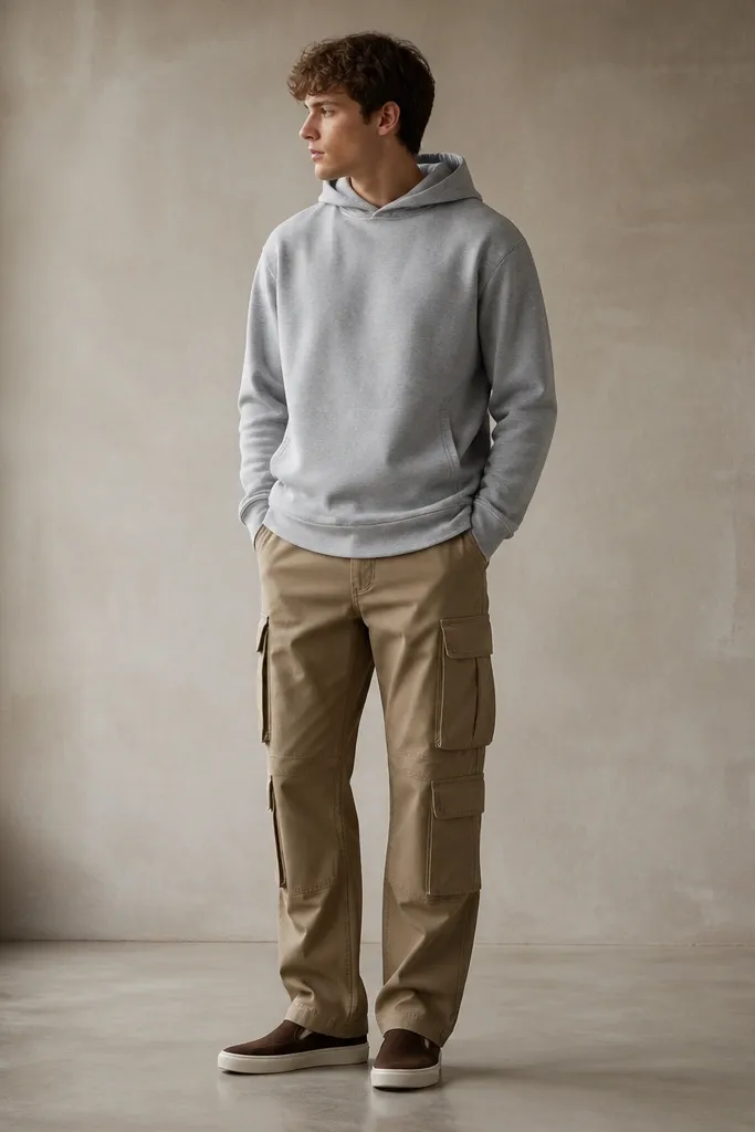 A heather gray hoodie with khaki cargo pants and brown slip-on sneakers. The hoodie is slightly longer and the cargos show multiple pocket panels.