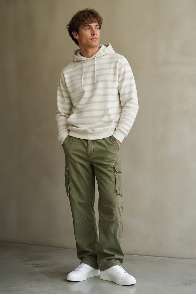 A hoodie with subtle horizontal stripes in muted tones, paired with olive ripstop cargo pants. White sneakers match the brightness of the hoodie stripes, and the pockets show texture.