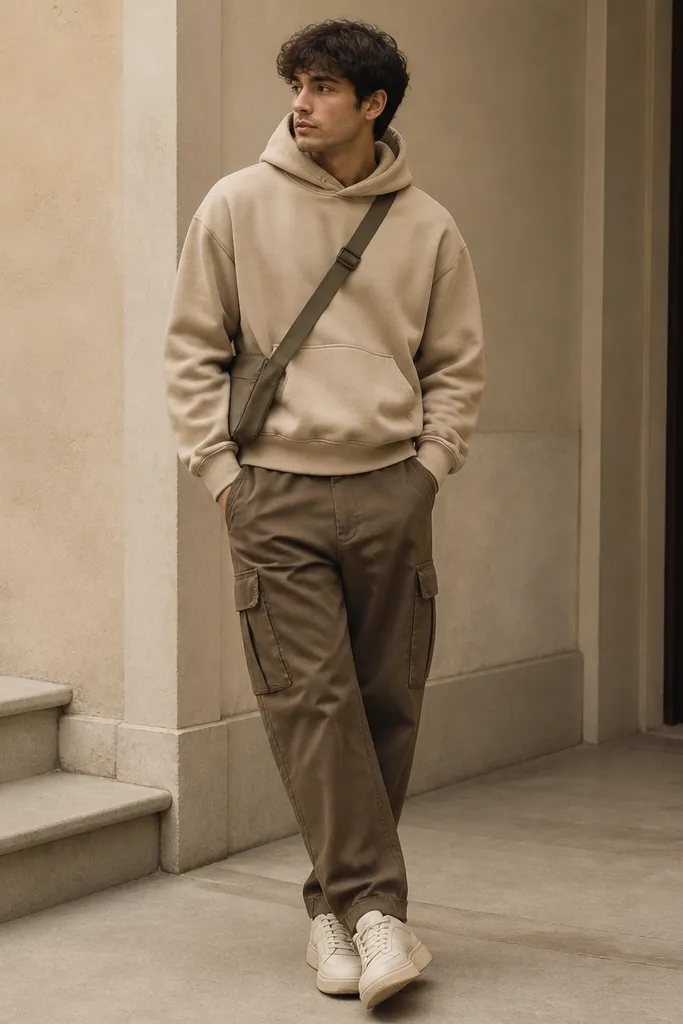 A sand-beige hoodie with mocha brown cargo pants. Cream sneakers and a simple crossbody bag are visible, and the outfit looks warm and tonal.