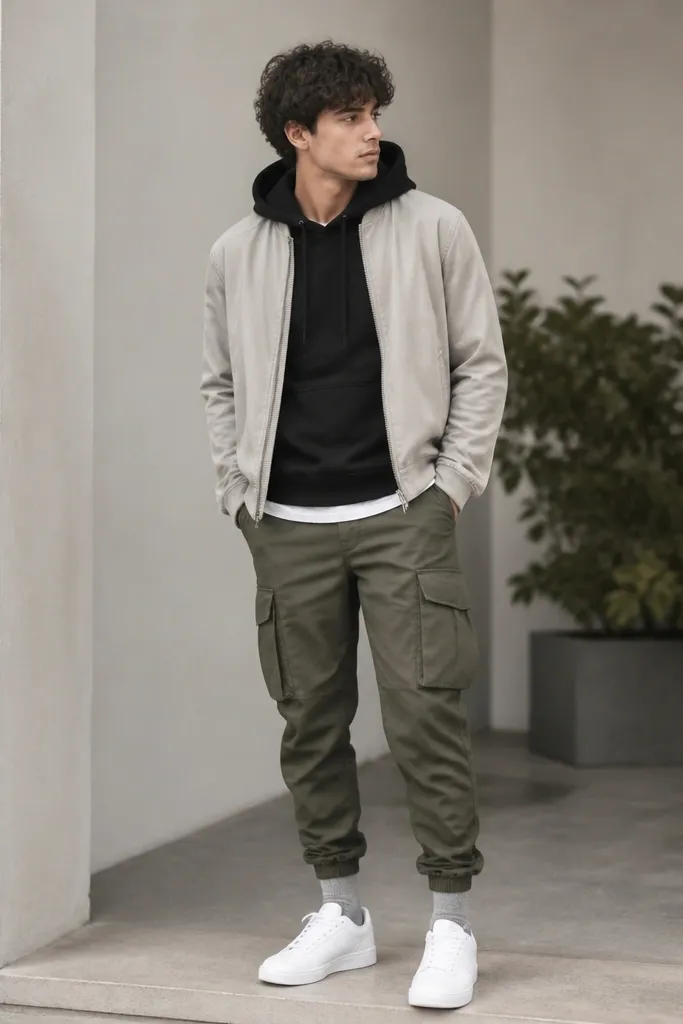A black hoodie under a lighter zip-up layer, worn with olive cargo pants. Gray crew socks peek above white sneakers, and the layered look shows clear separation at the waist.