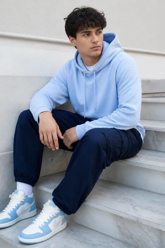 A powder-blue hoodie paired with navy cargo pants. White-and-blue sneakers match the hoodie color, and the outfit looks bright but still casual.