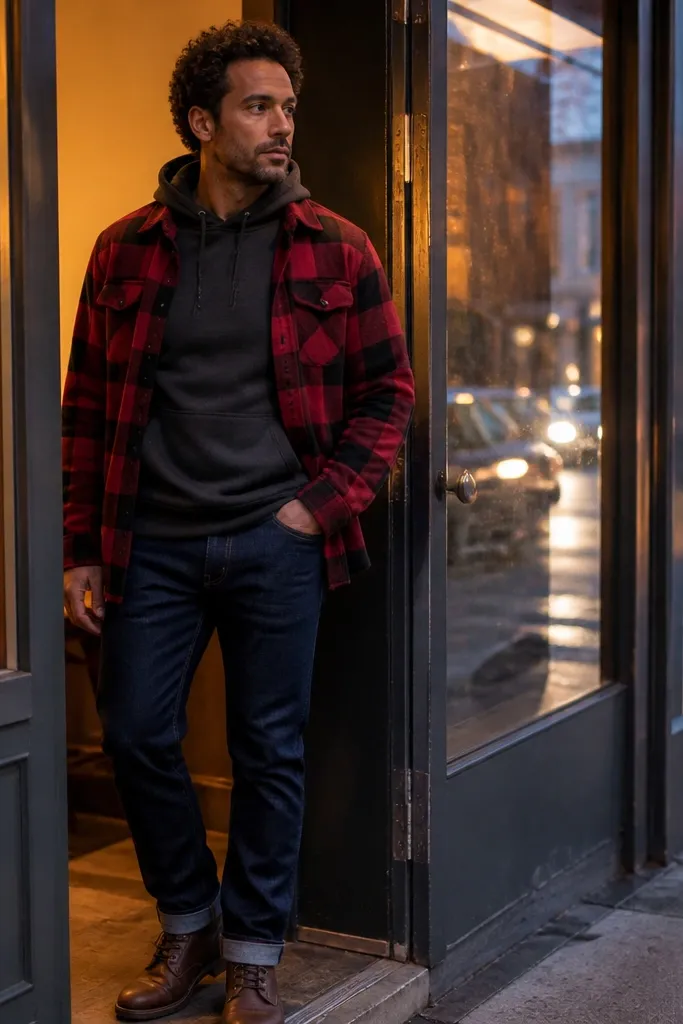 Charcoal hoodie under an open red buffalo-check flannel with dark jeans and brown boots