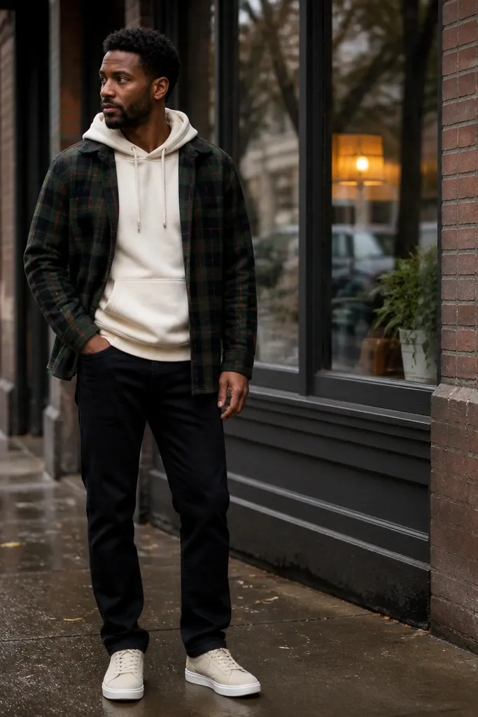 Cream hoodie with a green flannel overshirt over black jeans and white sneakers