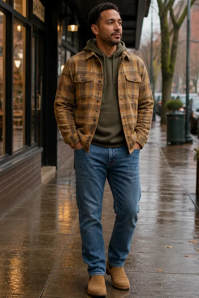 Olive hoodie with a tan plaid flannel half-buttoned and medium-wash jeans