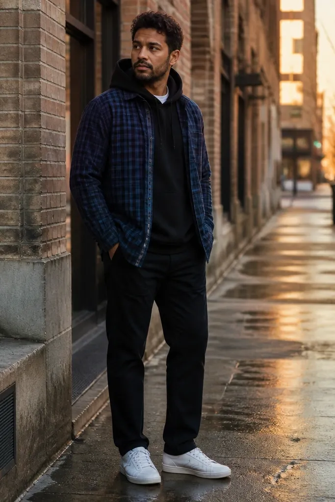 Black hoodie with navy flannel open and a white tee peeking at the neck