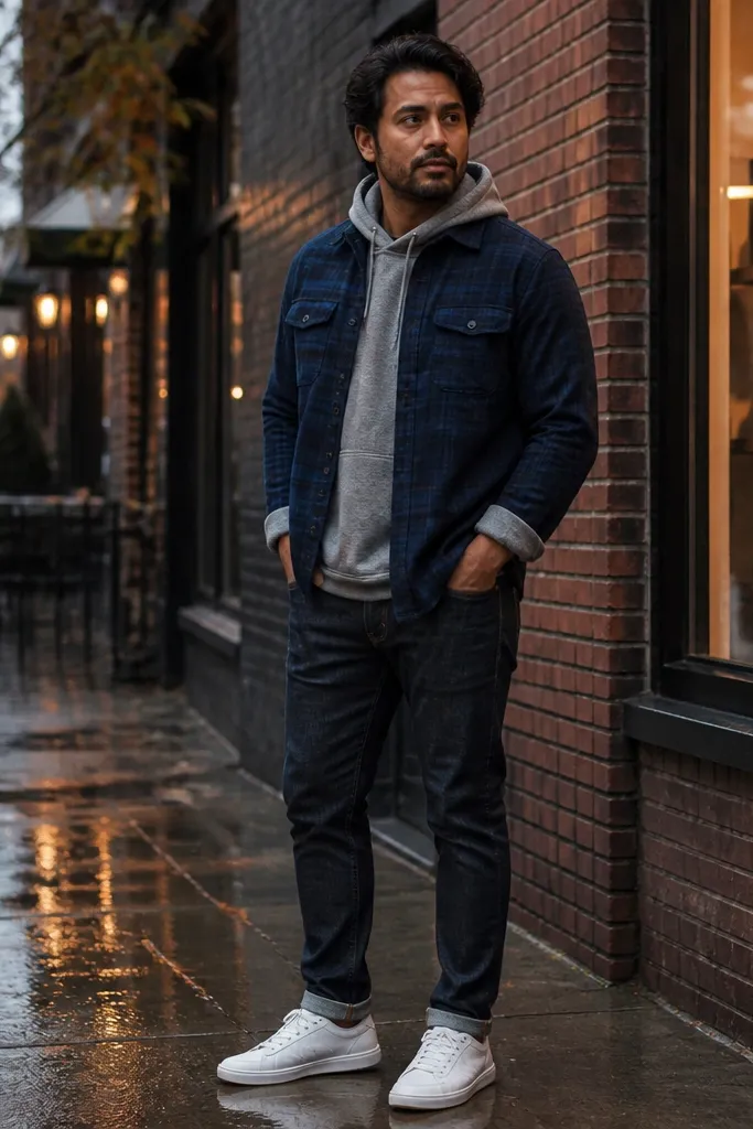 Heather grey hoodie under indigo check flannel with cuffed sleeves and dark jeans