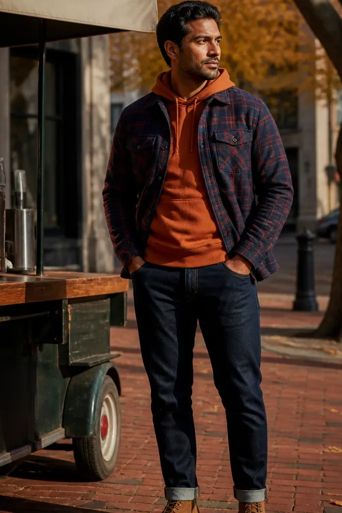 Rust hoodie with navy flannel worn open, showing the hoodie hem and dark denim