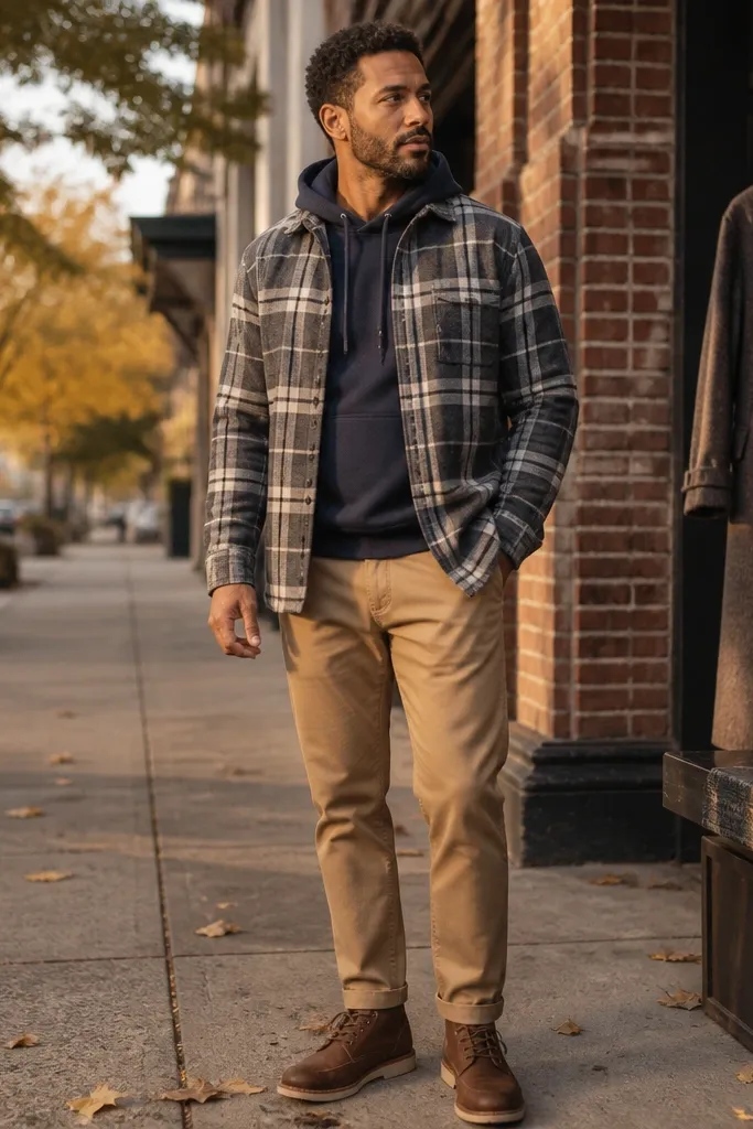 Navy hoodie with grey plaid flannel open over tan chinos and brown sneakers