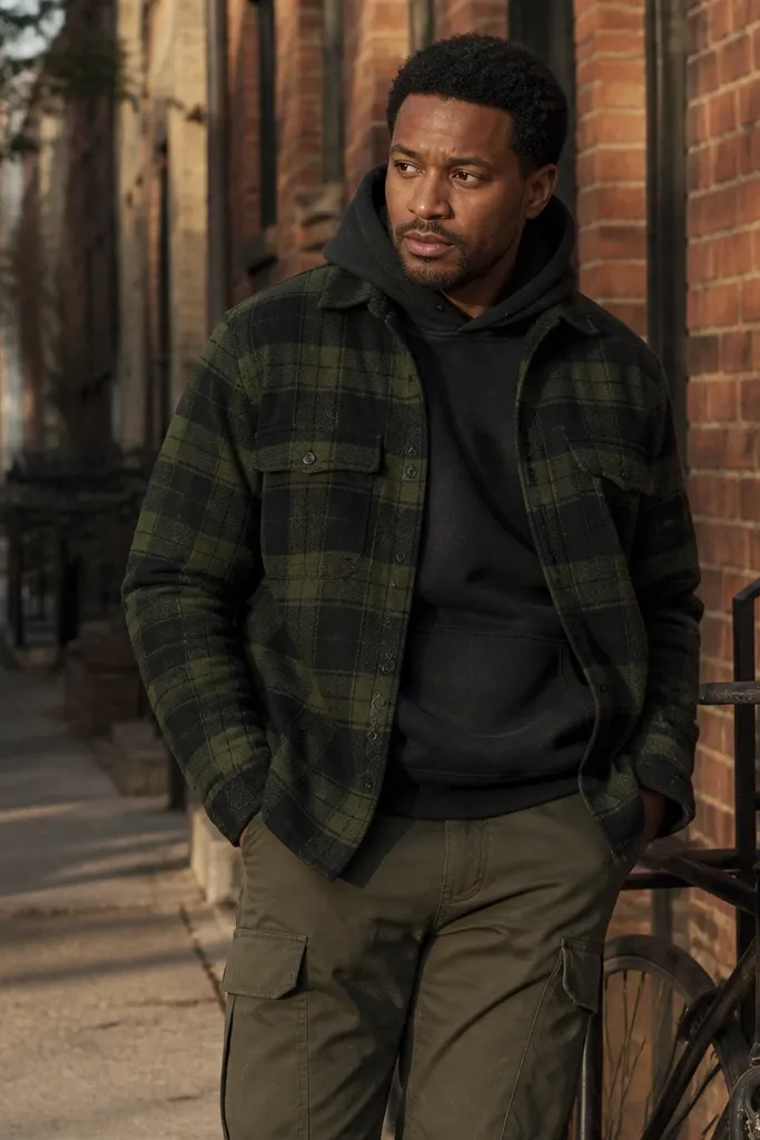 Black hoodie under green-and-black flannel with olive cargo pants and black boots