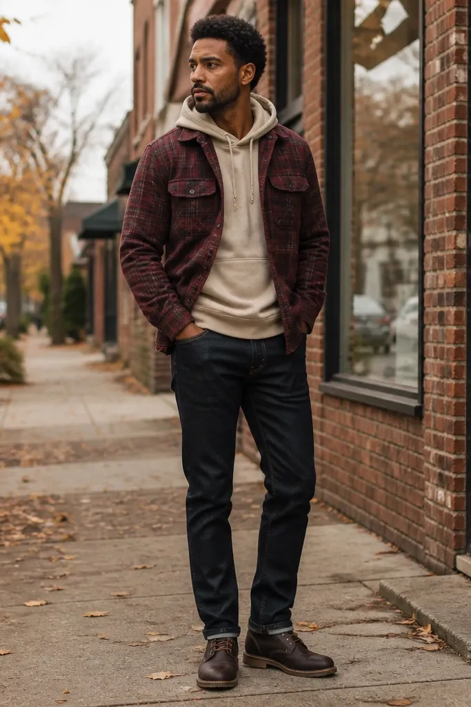 Oatmeal hoodie with burgundy flannel open and dark brown leather boots