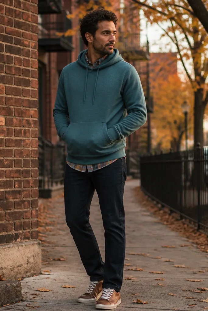 Teal hoodie with warm plaid flannel open and slim dark jeans