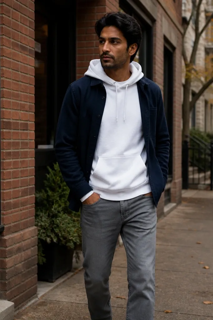 White hoodie with navy flannel open over grey jeans and black sneakers