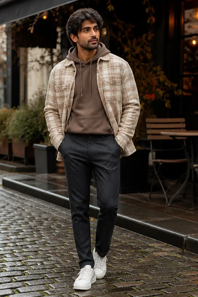 Mocha hoodie under cream plaid flannel with dark chinos and tan boots