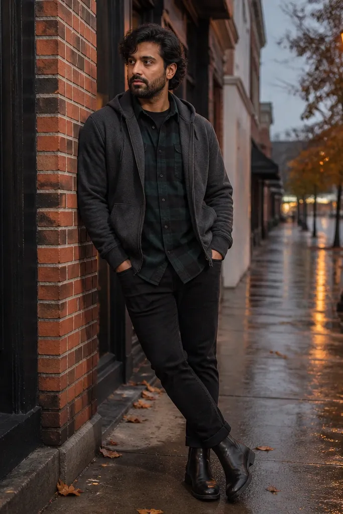 Charcoal hoodie with black watch plaid flannel open over black jeans and black boots