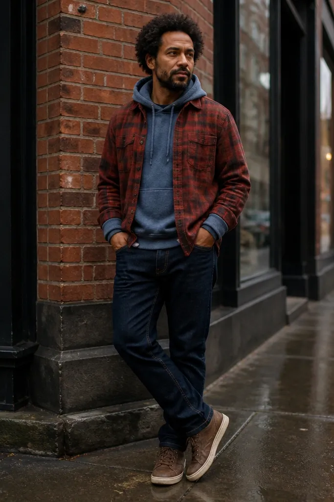 Heather blue hoodie with red plaid flannel and cuffed sleeves over dark jeans
