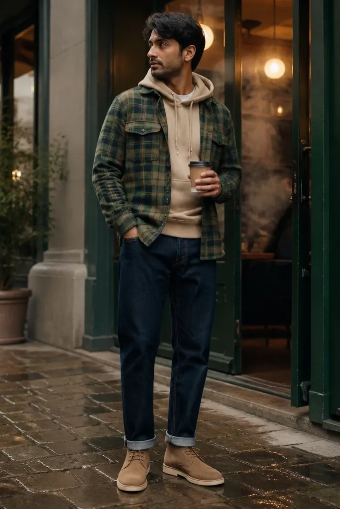 Sand hoodie with green plaid flannel open and tan suede chukkas