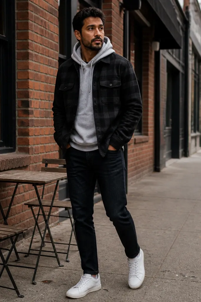 Grey hoodie with black flannel overshirt and white sneakers over dark jeans