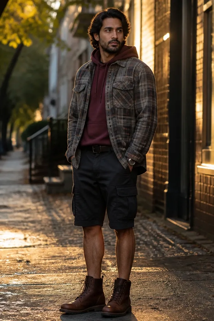 Burgundy hoodie with grey-green flannel open over dark cargo shorts and boots