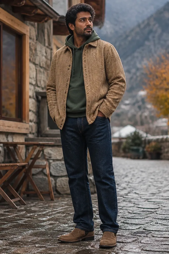 Forest green hoodie under tan herringbone flannel with straight jeans and brown shoes