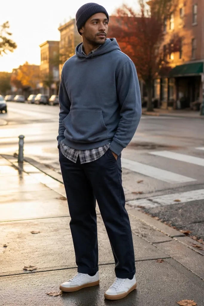Blue hoodie with grey check flannel open, navy beanie, and white sneakers