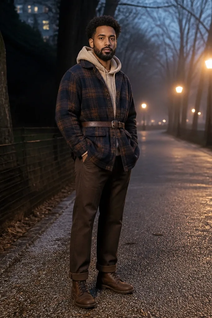 Oatmeal hoodie with navy plaid flannel and brown boots, dark jeans