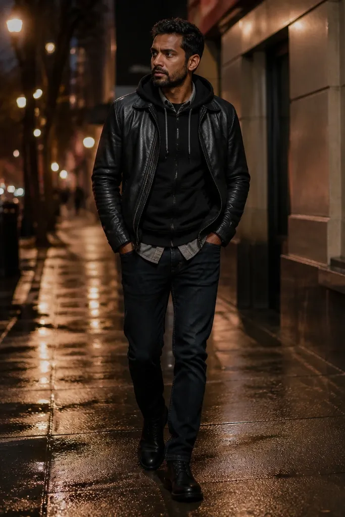 Black hoodie with grey flannel and a leather jacket over dark jeans and boots