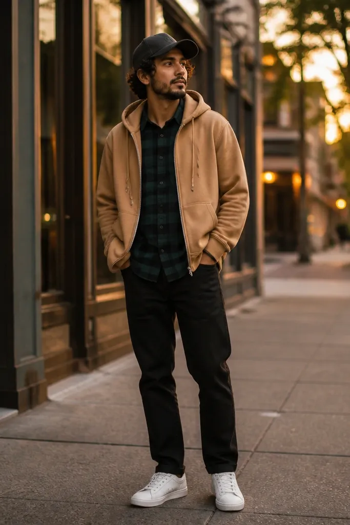 Camel hoodie under dark green flannel with black jeans and a dark cap