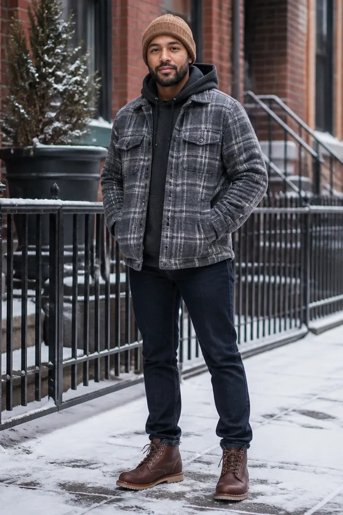 Charcoal hoodie with grey plaid flannel open and tan wool beanie