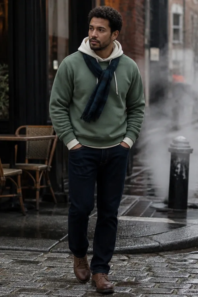 Sage hoodie with layered cream hoodie and navy flannel scarf over dark indigo jeans