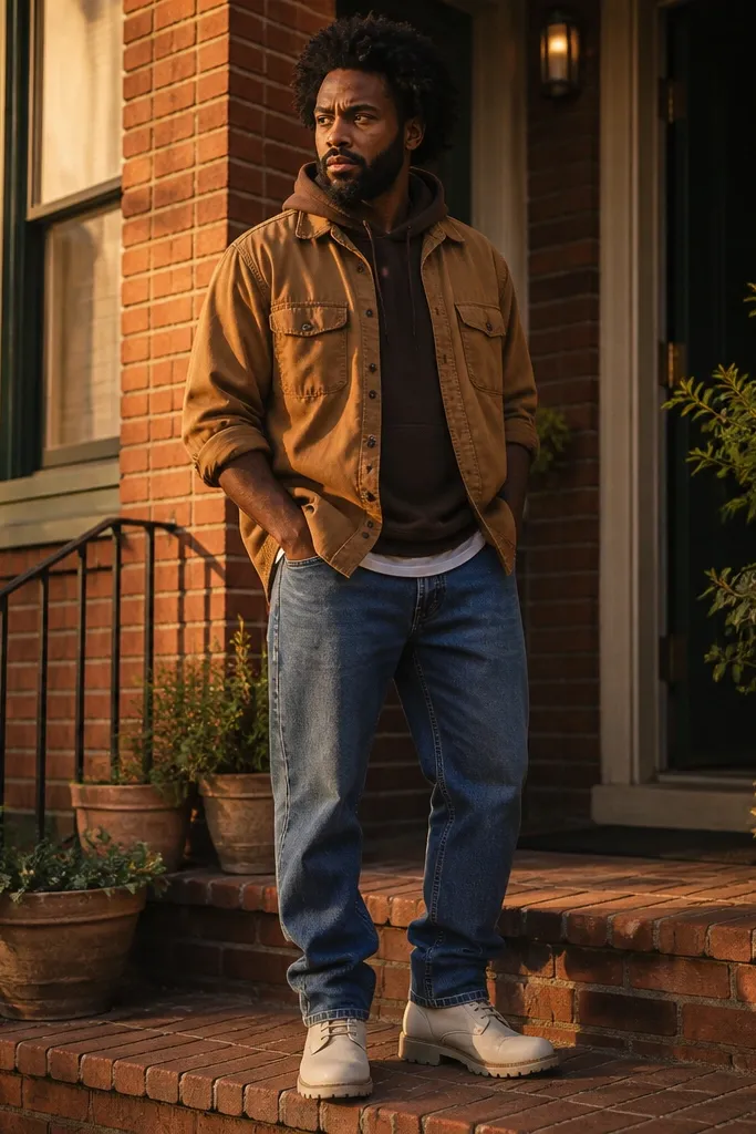 Chocolate hoodie under camel flannel overshirt with rolled sleeves and white work boots