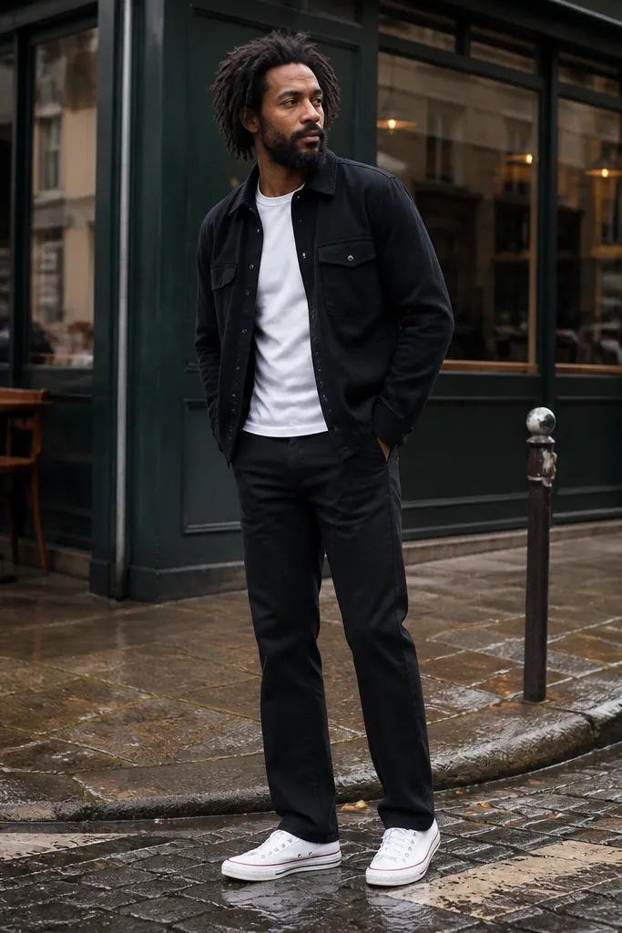 Black straight jeans with white low-top Converse and a white tee under a black overshirt