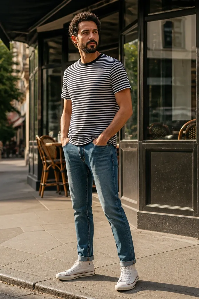 Medium-wash slim taper jeans with cream high-top Converse and a black-and-white striped tee
