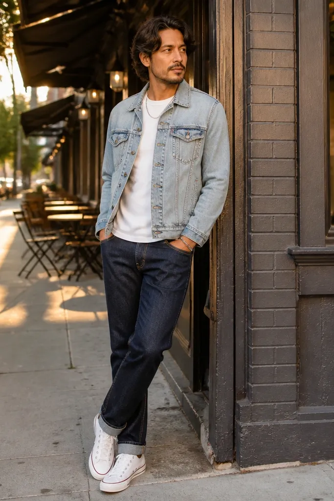 Dark indigo relaxed jeans with a light-wash denim jacket and white low-top Converse