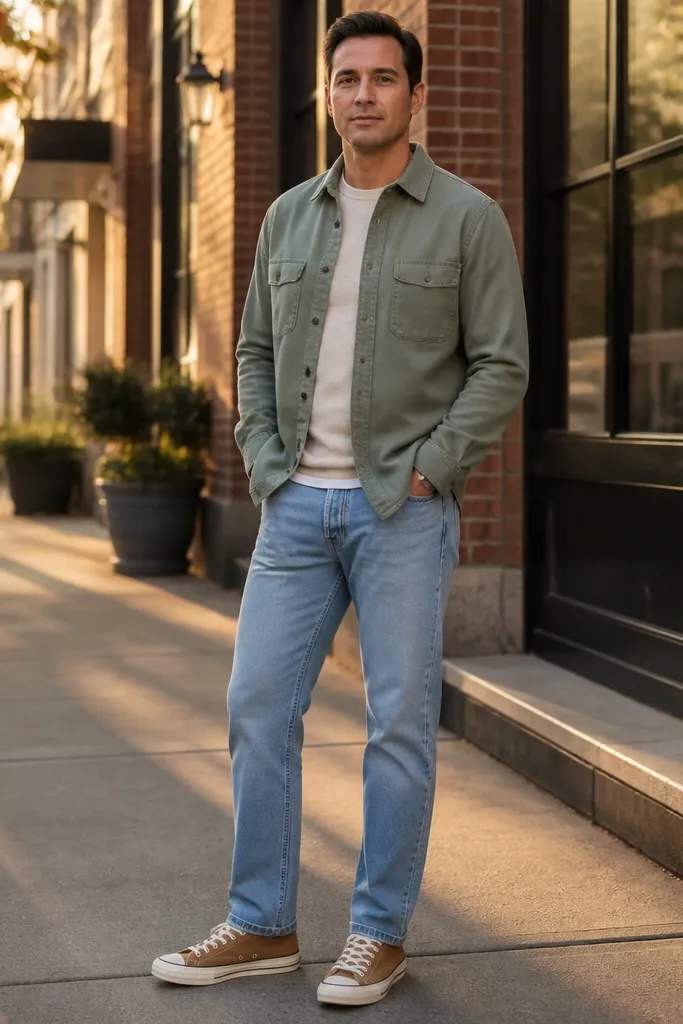Light-wash straight jeans with tan suede Converse and a sage green overshirt