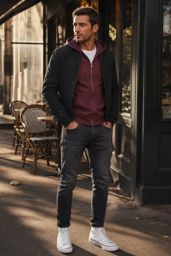 Charcoal tapered jeans with a burgundy hoodie and white high-top Converse