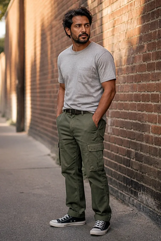 Olive cargo jeans with black low-top Converse and a grey pocket tee