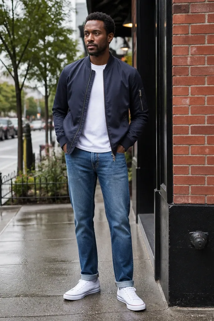 Rinse blue straight jeans with a white tee and navy bomber jacket over white low-top Converse