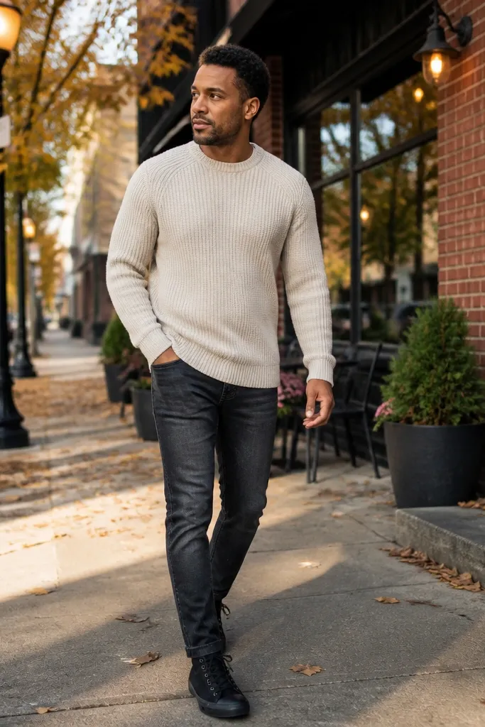 Washed black slim jeans with an oatmeal knit sweater and black high-top Converse