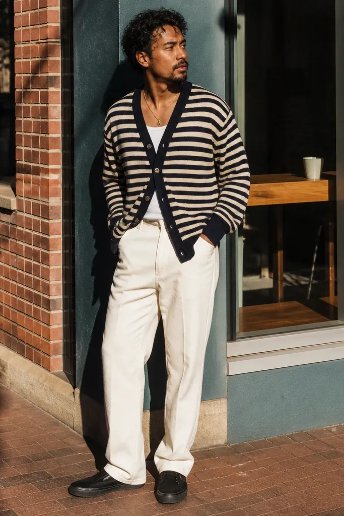 Cream jeans with black Converse slip-on shoes and a striped cardigan