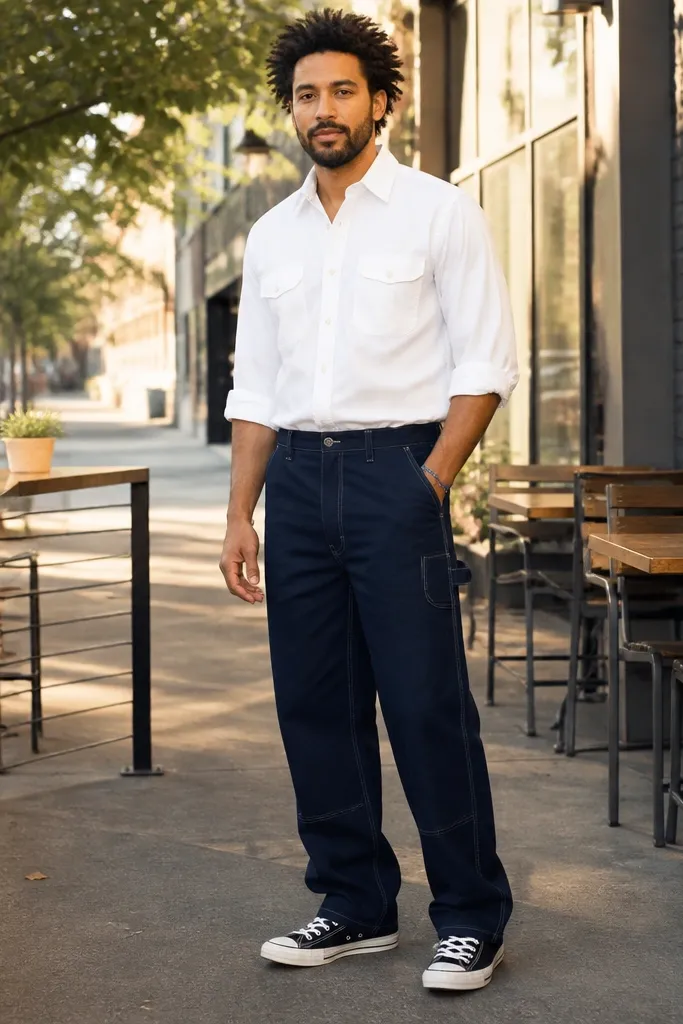 Indigo carpenter jeans with a white work shirt and black Converse with a small bracelet