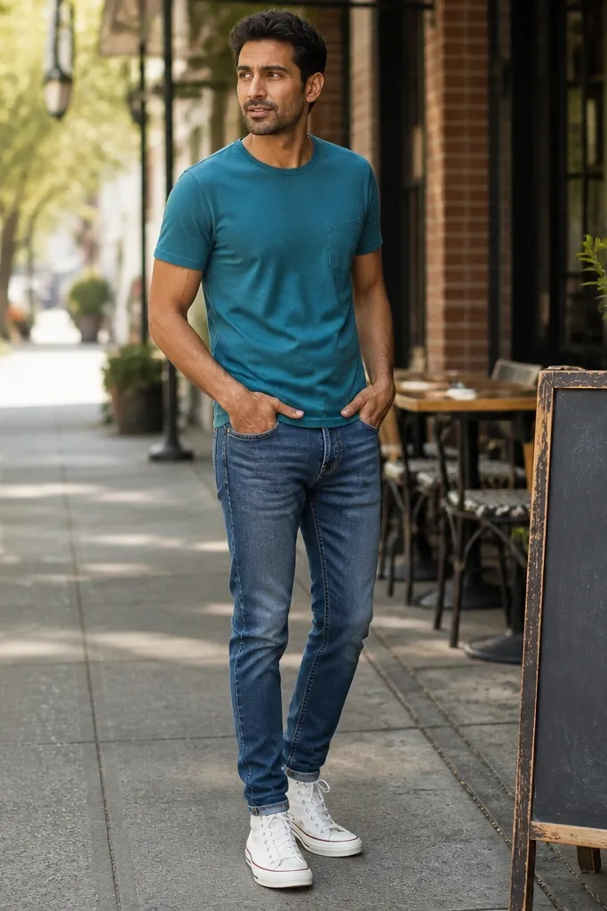 Mid-wash slim jeans with a teal tee and white high-top Converse