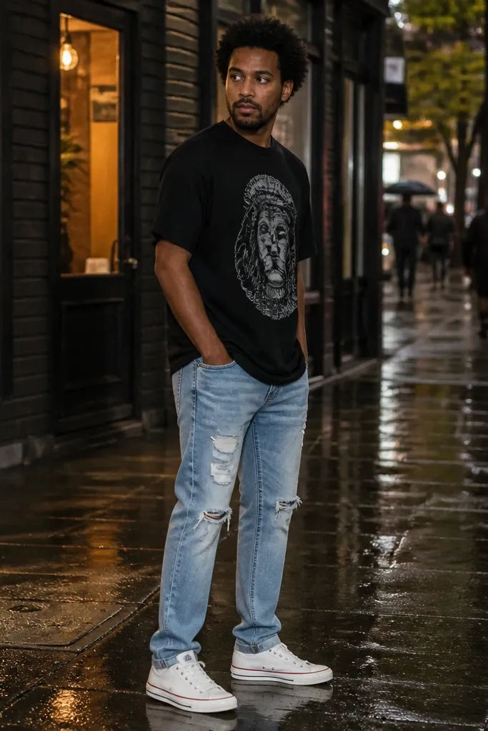 Light blue straight jeans with rips, a black graphic tee, and white low-top Converse