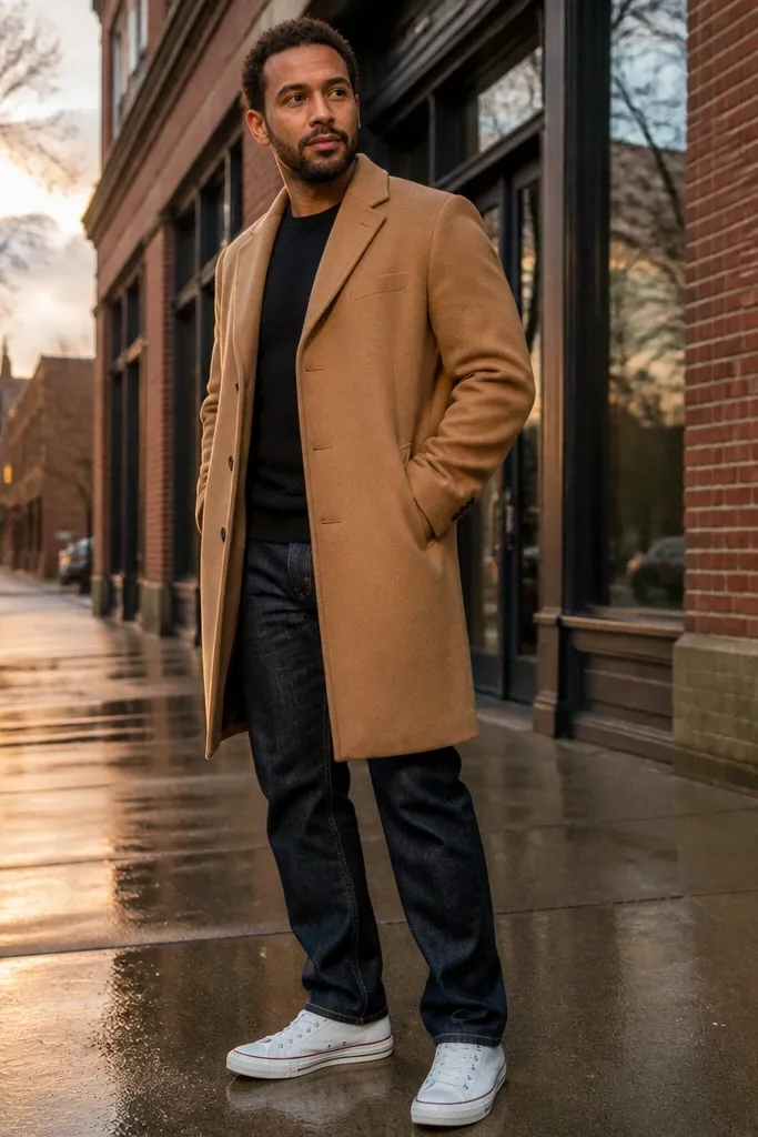 Dark wash straight jeans with a camel overcoat and white Converse